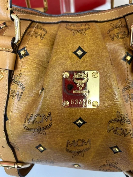 MCM Cognac Logo Visetos Barrel Satchel with Gold Plaque - Picture 2 of 14